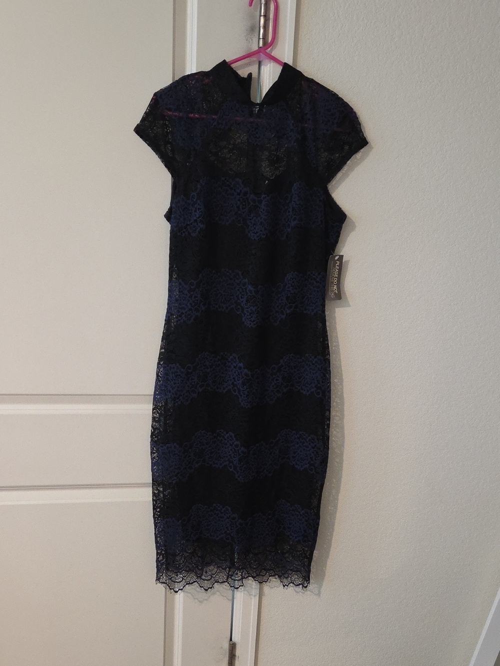 Lace Overlay Cap-Sleeve Midi Dress in Black and Navy